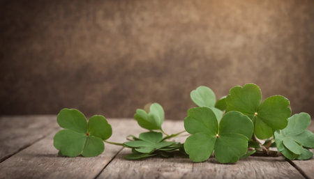 Green clover leaves on wooden background. St.Patrick's Day. Copy space. Beer. Holiday. AI generatedの素材