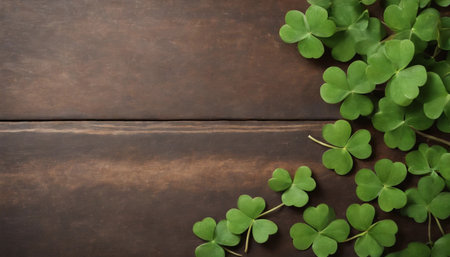Green clover leaves on wooden background. St.Patrick's Day. Copy space. Beer. Holiday. AI generatedの素材