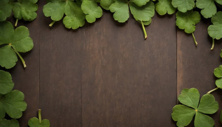 Green clover leaves on wooden background. St.Patrick's Day. Copy space. Beer. Holiday. AI generatedの素材