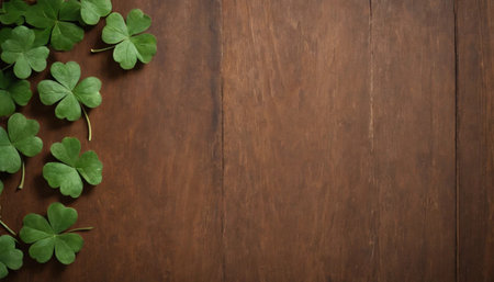 Green clover leaves on wooden background. St.Patrick's Day. Copy space. Beer. Holiday. AI generatedの素材