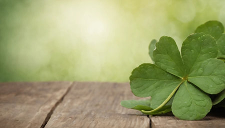 Green clover leaves on wooden background. St.Patrick's Day. Copy space. Beer. Holiday. AI generatedの素材