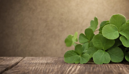 Green clover leaves on wooden background. St.Patrick's Day. Copy space. Beer. Holiday. AI generatedの素材