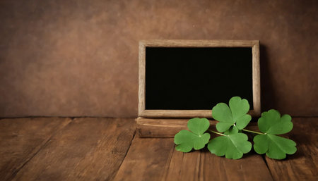 Green clover leaves on wooden background. St.Patrick's Day. Copy space. Beer. Holiday. AI generatedの素材