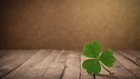 Green clover leaves on wooden background. St.Patrick's Day. Copy space. Beer. Holiday. AI generatedの素材