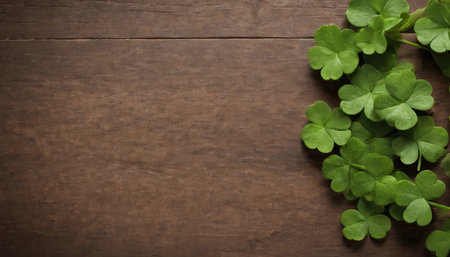 Green clover leaves on wooden background. St.Patrick's Day. Copy space. Beer. Holiday. AI generatedの素材