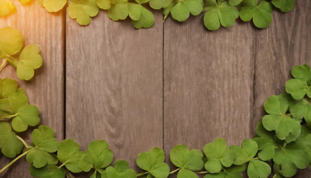Green clover leaves on wooden background. St.Patrick's Day. Copy space. Beer. Holiday. AI generatedの素材