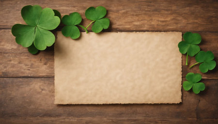 Green clover leaves on wooden background. St.Patrick's Day. Copy space. Beer. Holiday. AI generatedの素材