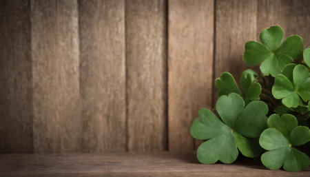 Green clover leaves on wooden background. St.Patrick's Day. Copy space. Beer. Holiday. AI generatedの素材