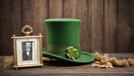 Green clover leaves on wooden background. St.Patrick's Day. Copy space. Beer. Holiday. AI generatedの素材