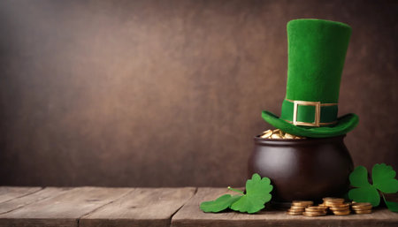 Green clover leaves on wooden background. St.Patrick's Day. Copy space. Beer. Holiday. AI generatedの素材