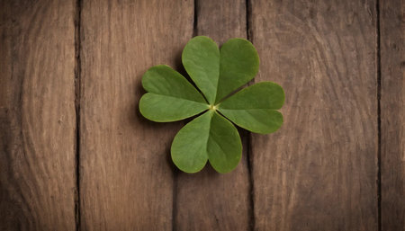 Green clover leaves on wooden background. St.Patrick's Day. Copy space. Beer. Holiday. AI generatedの素材