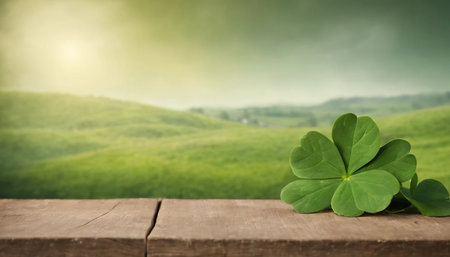 Green clover leaves on wooden background. St.Patrick's Day. Copy space. Beer. Holiday. AI generatedの素材
