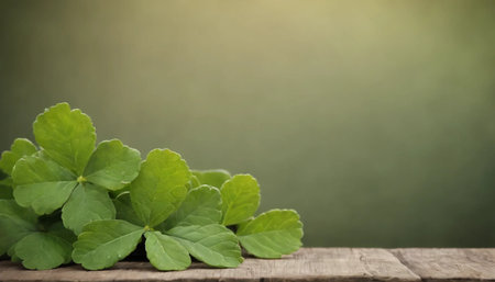 Green clover leaves on wooden background. St.Patrick's Day. Copy space. Beer. Holiday. AI generatedの素材