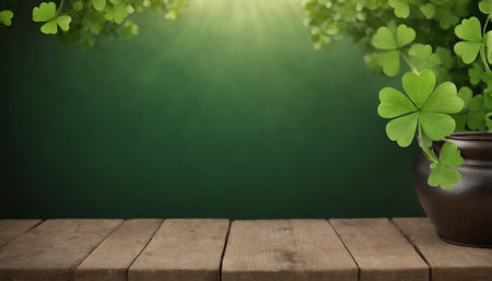 Green clover leaves on wooden background. St.Patrick's Day. Copy space. Beer. Holiday. AI generatedの素材