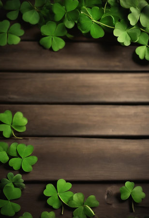 Green clover leaves on wooden background. St.Patrick's Day. Copy space. Beer. Holiday. AI generatedの素材