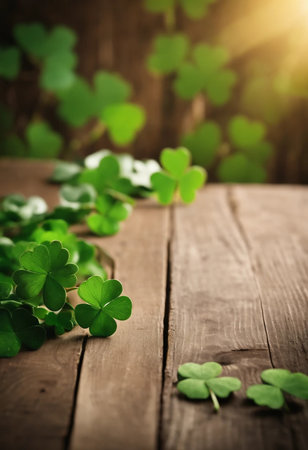 Green clover leaves on wooden background. St.Patrick's Day. Copy space. Beer. Holiday. AI generatedの素材