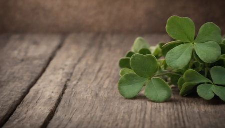 Green clover leaves on wooden background. St.Patrick's Day. Copy space. Beer. Holiday. AI generatedの素材