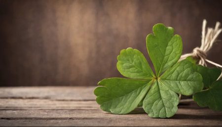 Green clover leaves on wooden background. St.Patrick's Day. Copy space. Beer. Holiday. AI generatedの素材