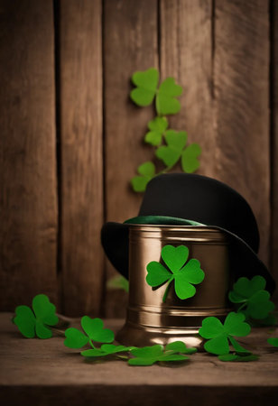 Green clover leaves on wooden background. St.Patrick's Day. Copy space. Beer. Holiday. AI generatedの素材