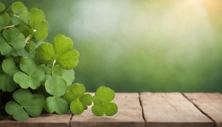 Green clover leaves on wooden background. St.Patrick's Day. Copy space. Beer. Holiday. AI generatedの素材
