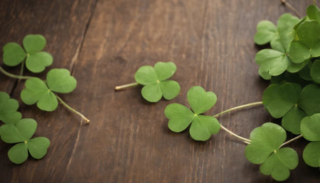 Green clover leaves on wooden background. St.Patrick's Day. Copy space. Beer. Holiday. AI generatedの素材