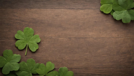 Green clover leaves on wooden background. St.Patrick's Day. Copy space. Beer. Holiday. AI generatedの素材