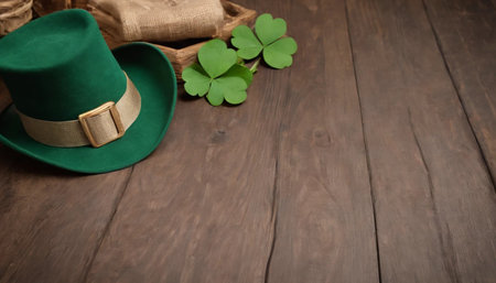 Green clover leaves on wooden background. St.Patrick's Day. Copy space. Beer. Holiday. AI generatedの素材