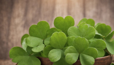 Green clover leaves on wooden background. St.Patrick's Day. Copy space. Beer. Holiday. AI generatedの素材