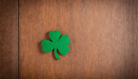 Green clover leaves on wooden background. St.Patrick's Day. Copy space. Beer. Holiday. AI generatedの素材