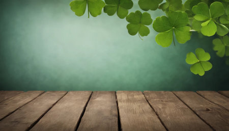 Green clover leaves on wooden background. St.Patrick's Day. Copy space. Beer. Holiday. AI generatedの素材