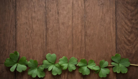 Green clover leaves on wooden background. St.Patrick's Day. Copy space. Beer. Holiday. AI generatedの素材