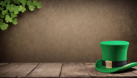 Green clover leaves on wooden background. St.Patrick's Day. Copy space. Beer. Holiday. AI generatedの素材