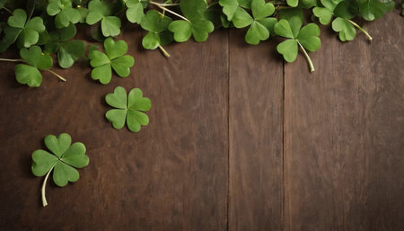 Green clover leaves on wooden background. St.Patrick's Day. Copy space. Beer. Holiday. AI generatedの素材