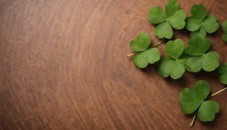 Green clover leaves on wooden background. St.Patrick's Day. Copy space. Beer. Holiday. AI generatedの素材
