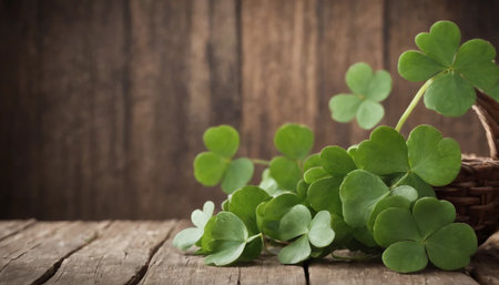 Green clover leaves on wooden background. St.Patrick's Day. Copy space. Beer. Holiday. AI generatedの素材