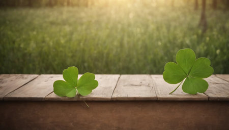 Green clover leaves on wooden background. St.Patrick's Day. Copy space. Beer. Holiday. AI generatedの素材
