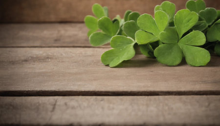Green clover leaves on wooden background. St.Patrick's Day. Copy space. Beer. Holiday. AI generatedの素材
