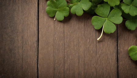 Green clover leaves on wooden background. St.Patrick's Day. Copy space. Beer. Holiday. AI generatedの素材