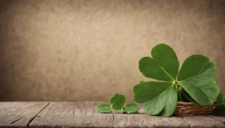 Green clover leaves on wooden background. St.Patrick's Day. Copy space. Beer. Holiday. AI generatedの素材
