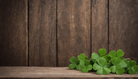 Green clover leaves on wooden background. St.Patrick's Day. Copy space. Beer. Holiday. AI generatedの素材