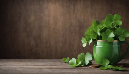 Green clover leaves on wooden background. St.Patrick's Day. Copy space. Beer. Holiday. AI generatedの素材