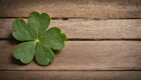 Green clover leaves on wooden background. St.Patrick's Day. Copy space. Beer. Holiday. AI generatedの素材