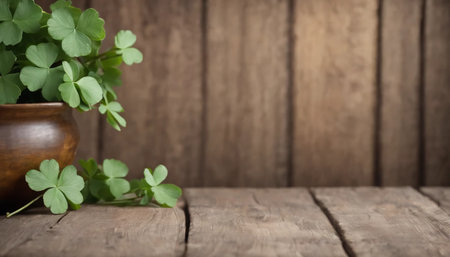 Green clover leaves on wooden background. St.Patrick's Day. Copy space. Beer. Holiday. AI generatedの素材