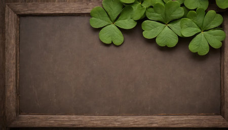 Green clover leaves on wooden background. St.Patrick's Day. Copy space. Beer. Holiday. AI generatedの素材