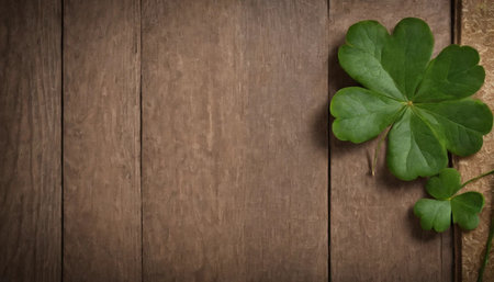 Green clover leaves on wooden background. St.Patrick's Day. Copy space. Beer. Holiday. AI generatedの素材