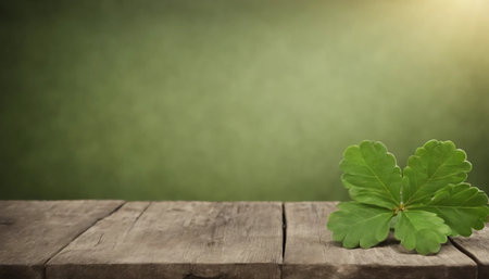 Green clover leaves on wooden background. St.Patrick's Day. Copy space. Beer. Holiday. AI generatedの素材