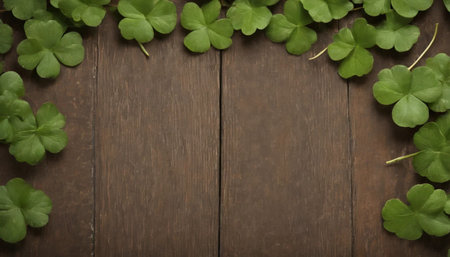 Green clover leaves on wooden background. St.Patrick's Day. Copy space. Beer. Holiday. AI generatedの素材