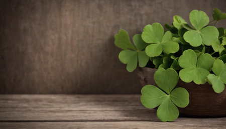 Clover leaves in wooden bowl on wooden background with copy space.の素材