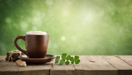 Coffee cup with clover leaf on wooden table and bokeh backgroundの素材