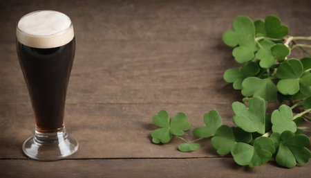 Glass of dark beer with clover leaves on wooden background. St. Patrick's Dayの素材
